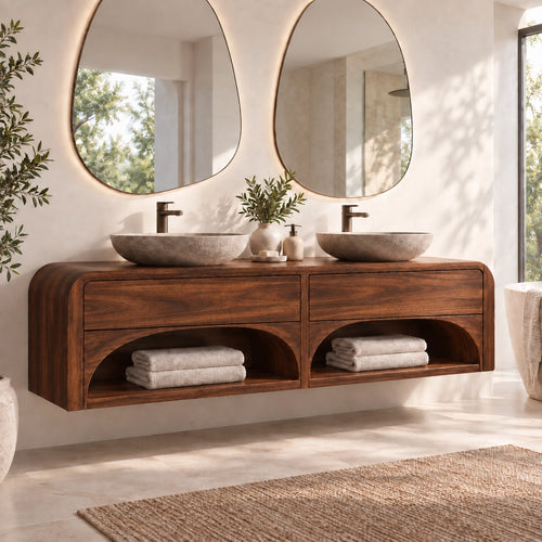 Traditional Bathroom Vanity with Arched Storage Shelves in Natural Solid Wood - Woodenecho - 1