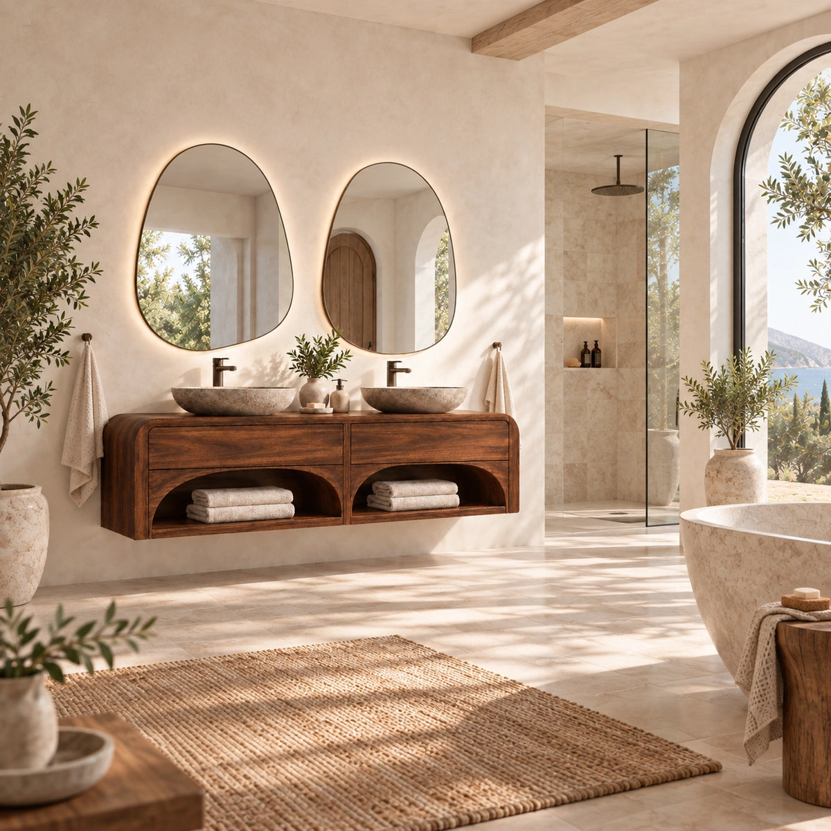 Traditional Bathroom Vanity with Arched Storage Shelves in Natural Solid Wood - Woodenecho - 2