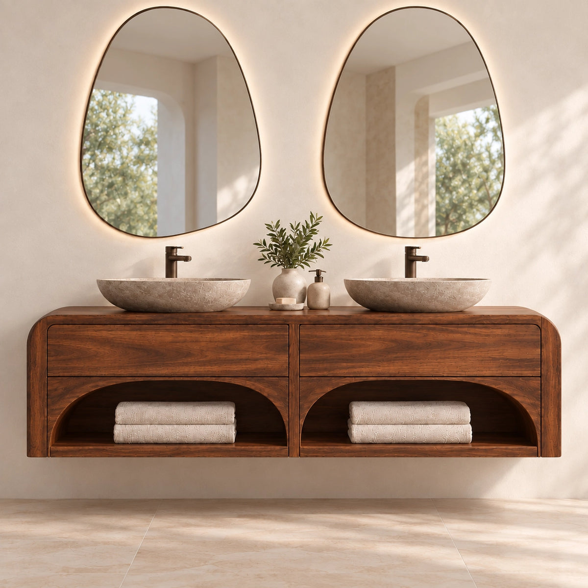Traditional Bathroom Vanity with Arched Storage Shelves in Natural Solid Wood - Woodenecho - 3