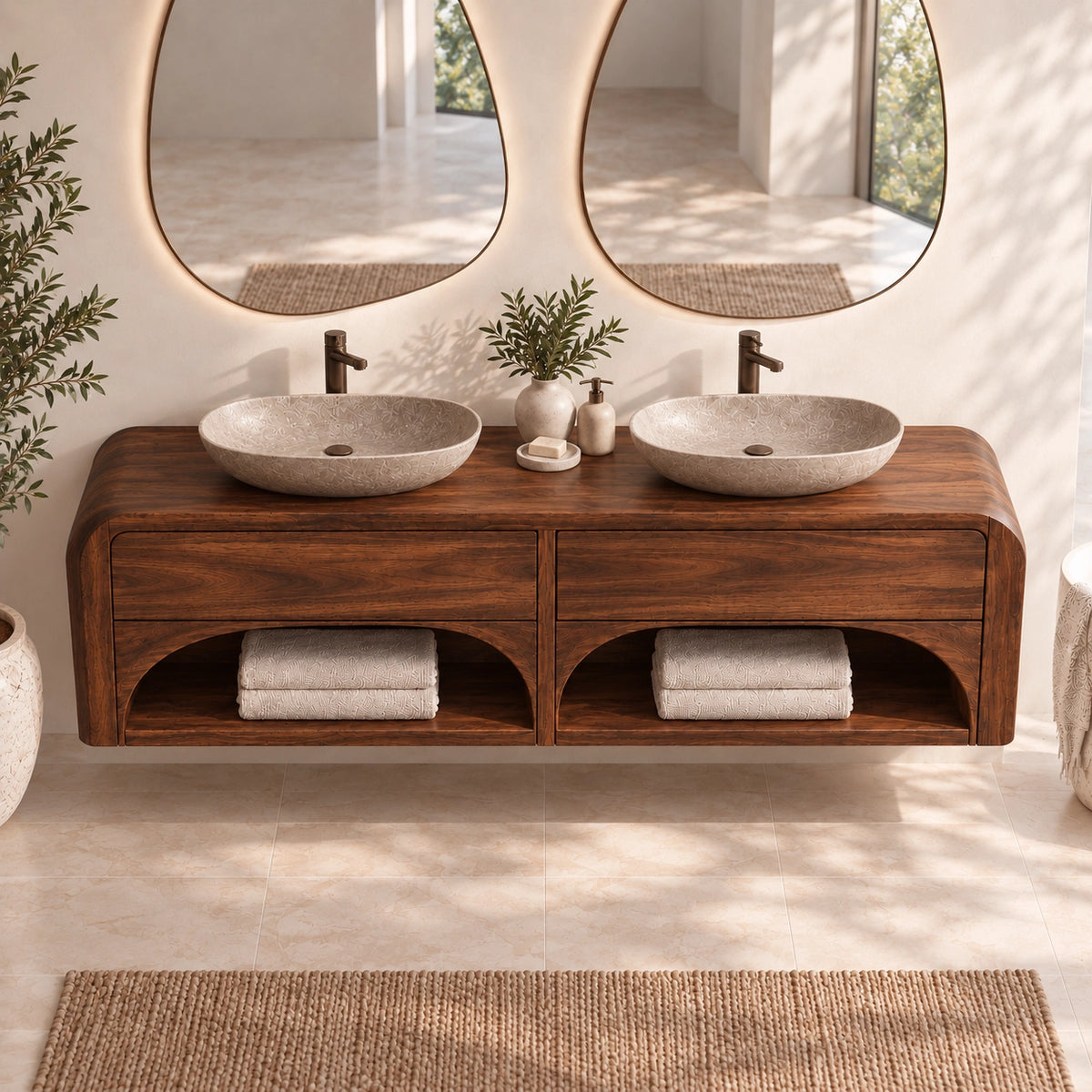 Traditional Bathroom Vanity with Arched Storage Shelves in Natural Solid Wood - Woodenecho - 4