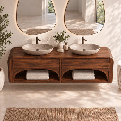 Traditional Bathroom Vanity with Arched Storage Shelves in Natural Solid Wood - Woodenecho - 4