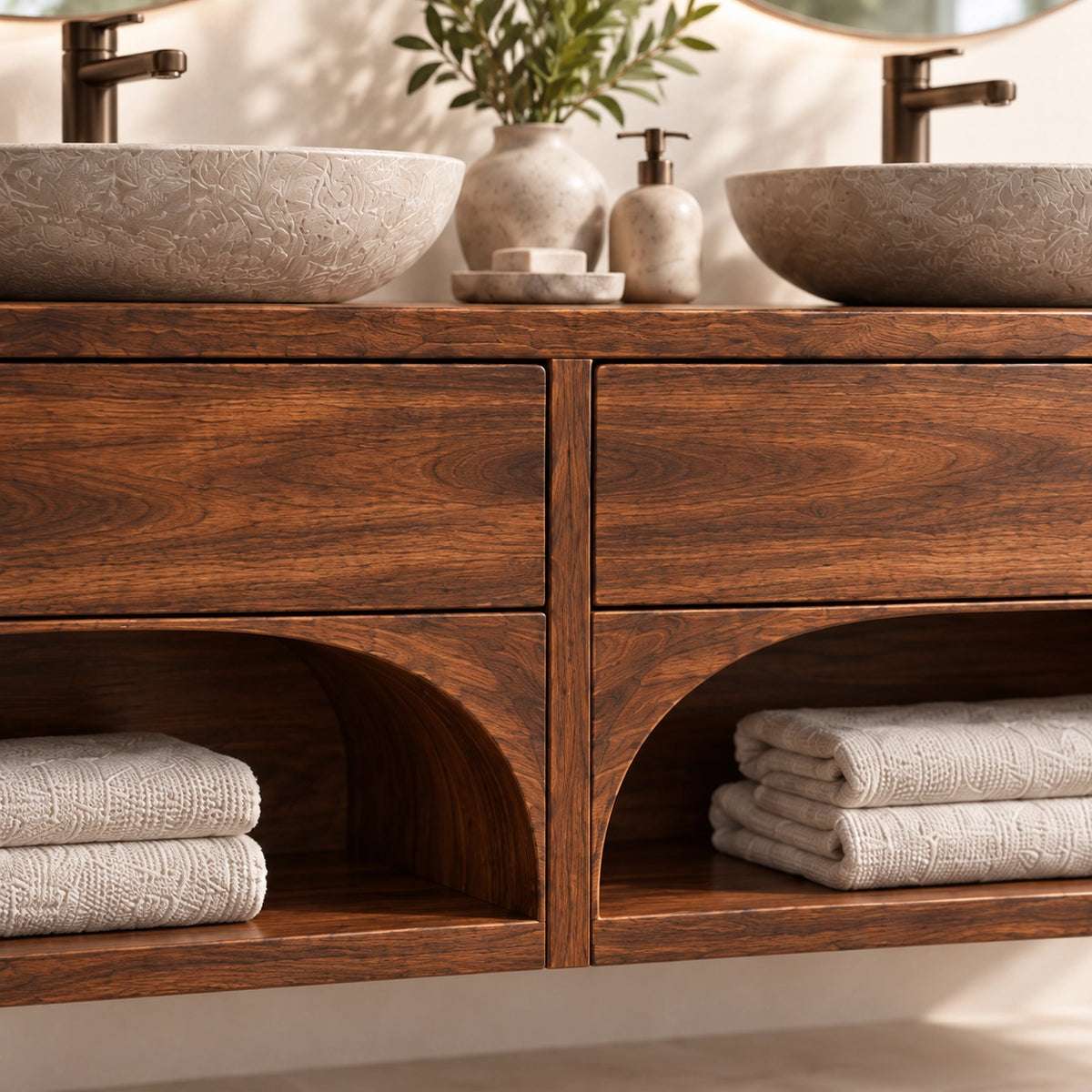 Traditional Bathroom Vanity with Arched Storage Shelves in Natural Solid Wood - Woodenecho - 5
