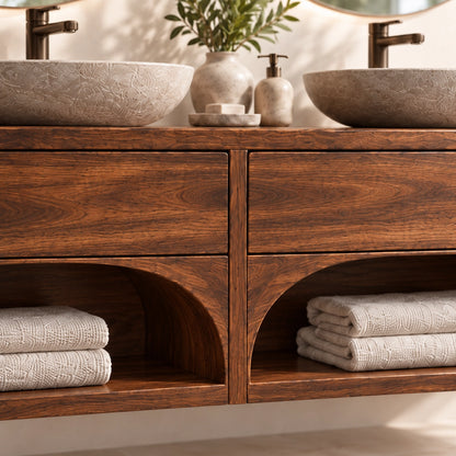 Traditional Bathroom Vanity with Arched Storage Shelves in Natural Solid Wood - Woodenecho - 5