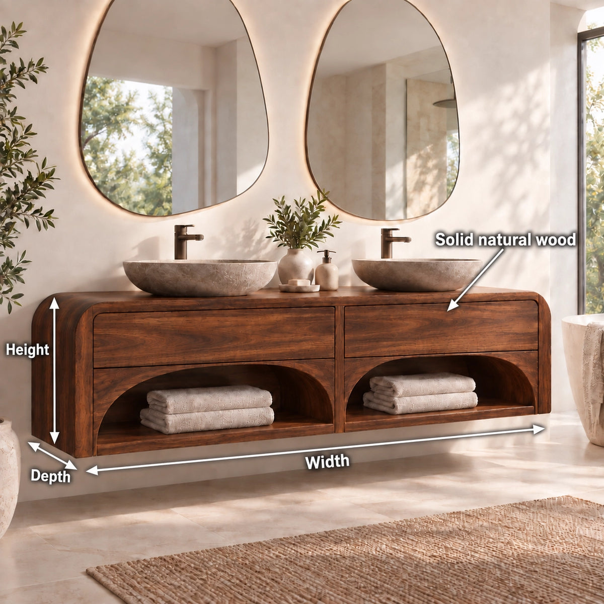 Traditional Bathroom Vanity with Arched Storage Shelves in Natural Solid Wood - Woodenecho - 6