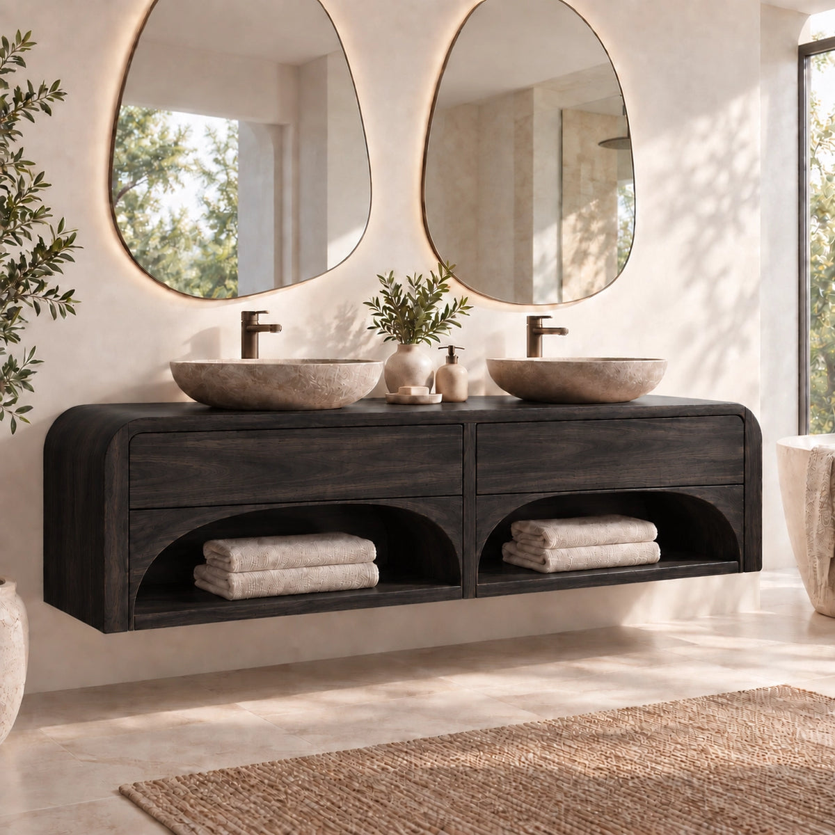 Traditional Bathroom Vanity with Arched Storage Shelves in Natural Solid Wood - Woodenecho - 7