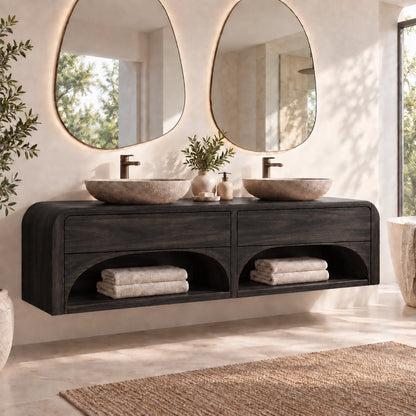 Traditional Bathroom Vanity with Arched Storage Shelves in Natural Solid Wood - Woodenecho - 7