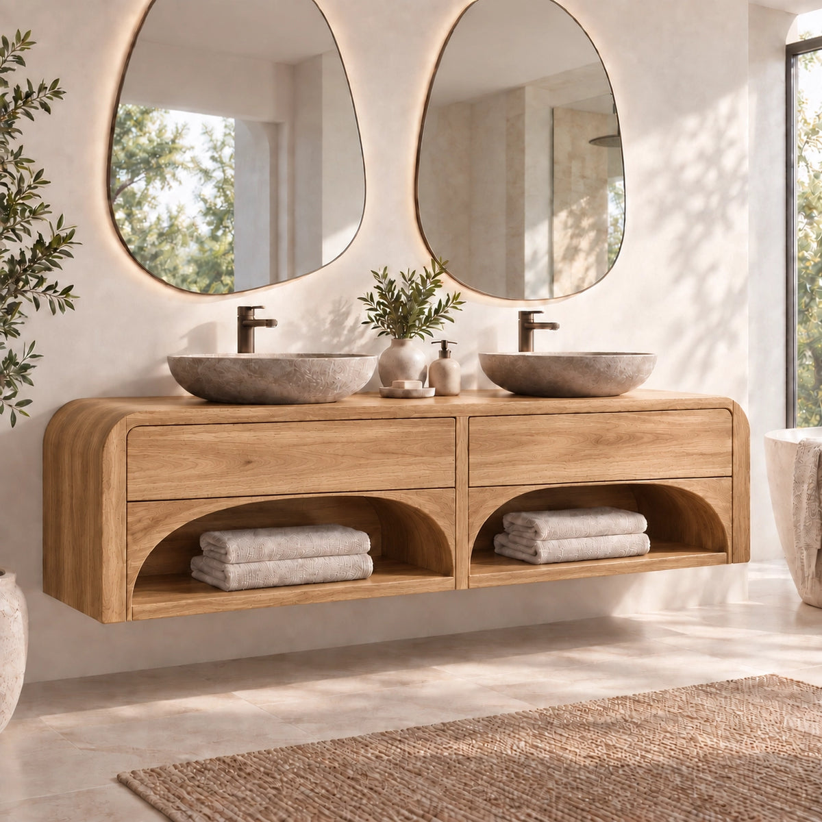 Traditional Bathroom Vanity with Arched Storage Shelves in Natural Solid Wood - Woodenecho - 8