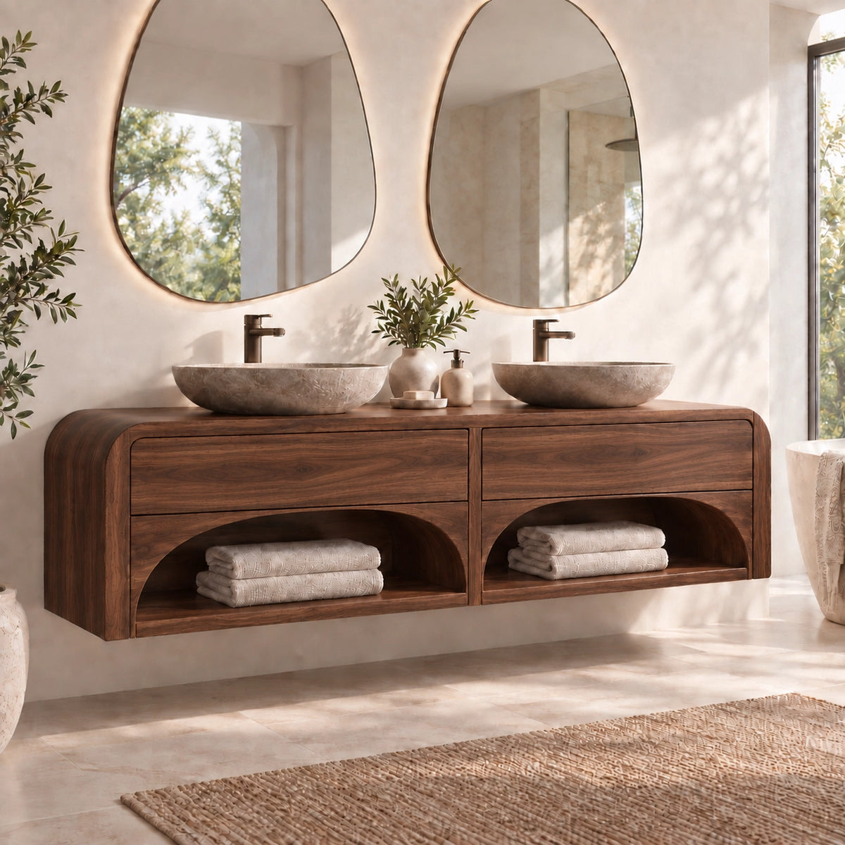 Traditional Bathroom Vanity with Arched Storage Shelves in Natural Solid Wood - Woodenecho - 9