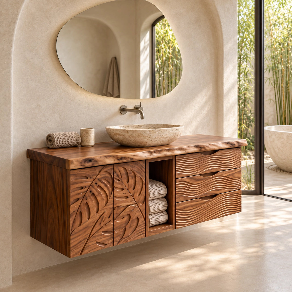 Traditional Bathroom Vanity with Carved Leaf Doors and Open Storage - Woodenecho - 1