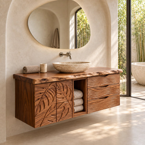 Traditional Bathroom Vanity with Carved Leaf Doors and Open Storage - Woodenecho - 1