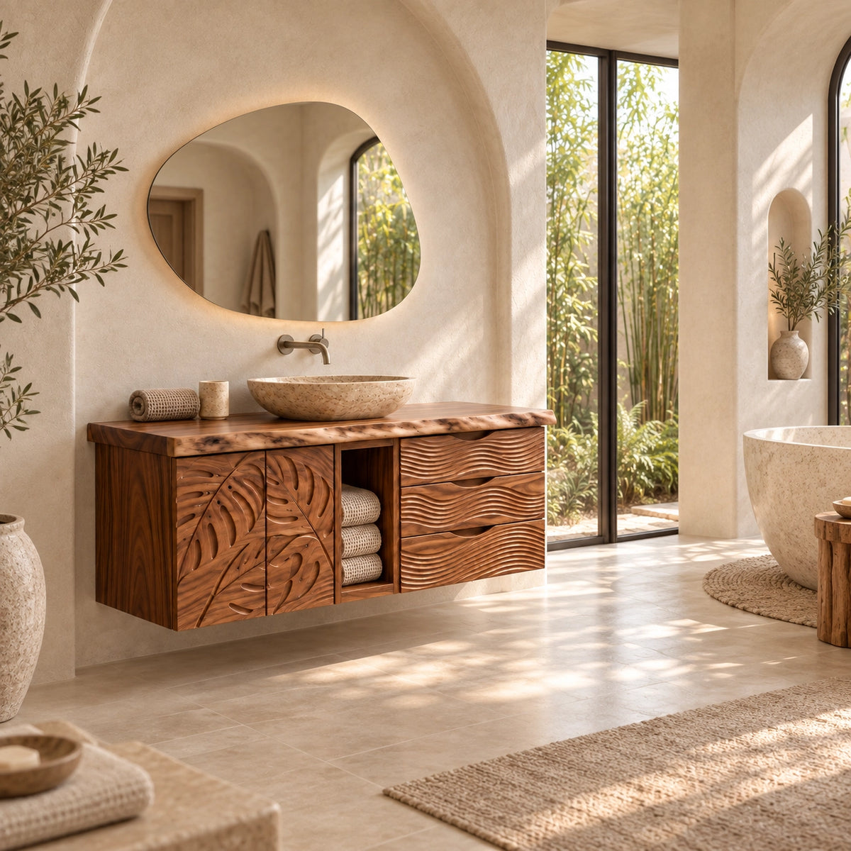 Traditional Bathroom Vanity with Carved Leaf Doors and Open Storage - Woodenecho - 2