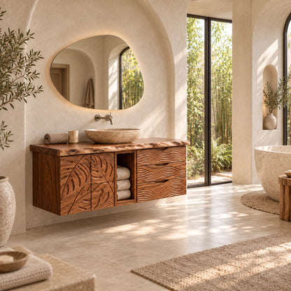 Traditional Bathroom Vanity with Carved Leaf Doors and Open Storage - Woodenecho - 2
