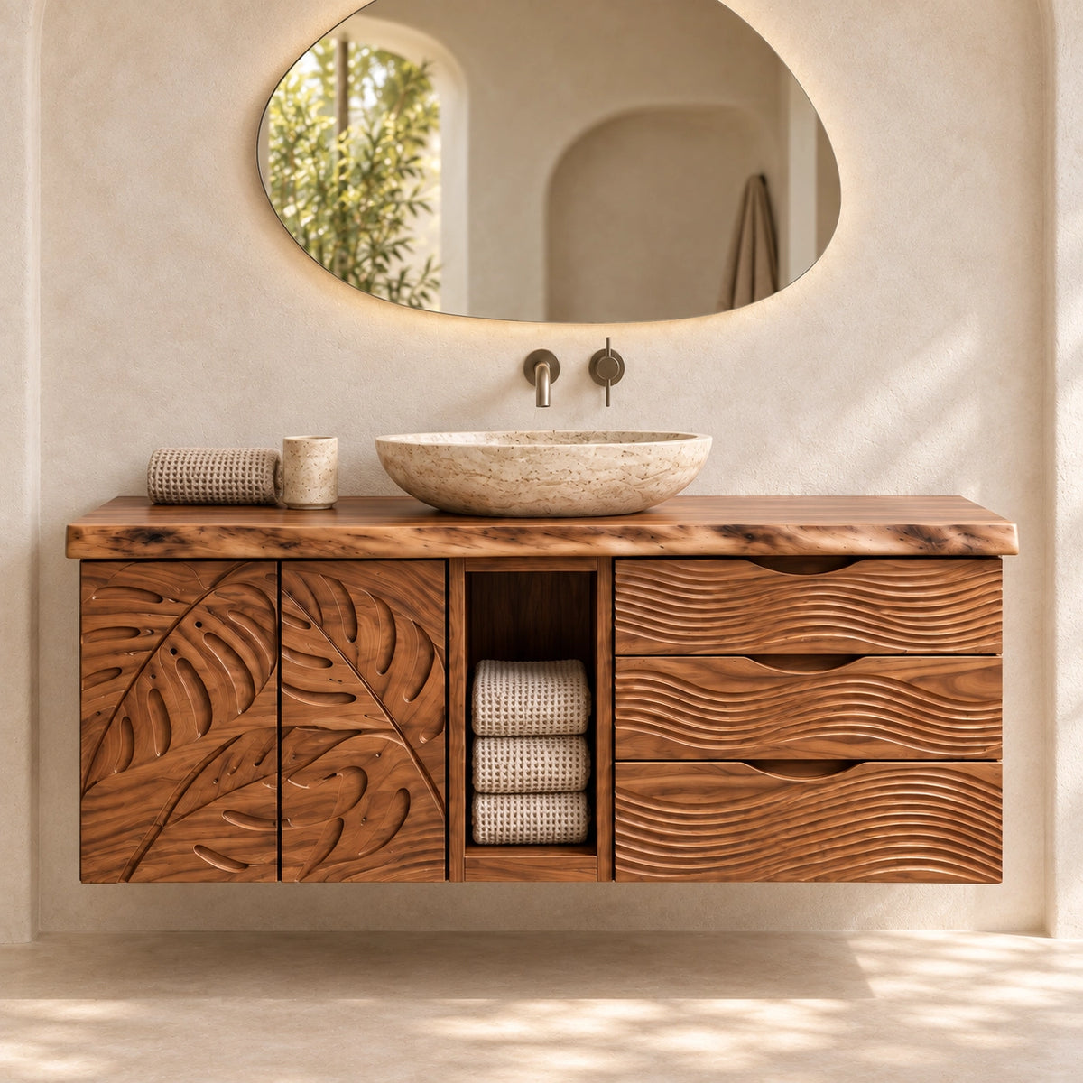 Traditional Bathroom Vanity with Carved Leaf Doors and Open Storage - Woodenecho - 3
