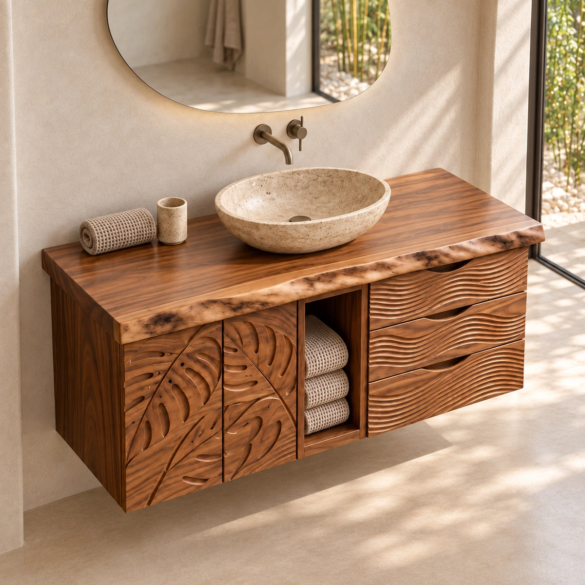 Traditional Bathroom Vanity with Carved Leaf Doors and Open Storage - Woodenecho - 4