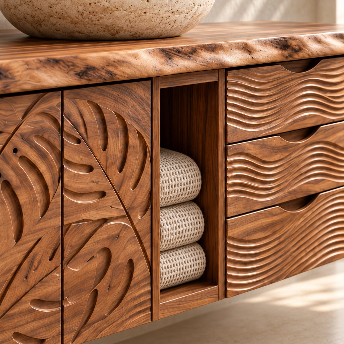 Traditional Bathroom Vanity with Carved Leaf Doors and Open Storage - Woodenecho - 5