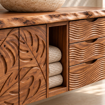 Traditional Bathroom Vanity with Carved Leaf Doors and Open Storage - Woodenecho - 5