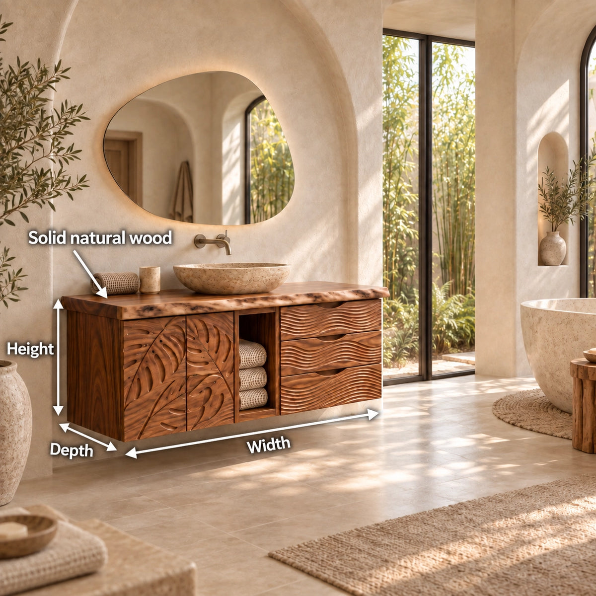 Traditional Bathroom Vanity with Carved Leaf Doors and Open Storage - Woodenecho - 6