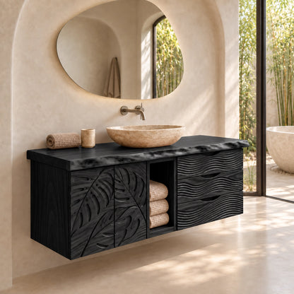 Traditional Bathroom Vanity with Carved Leaf Doors and Open Storage - Woodenecho - 7