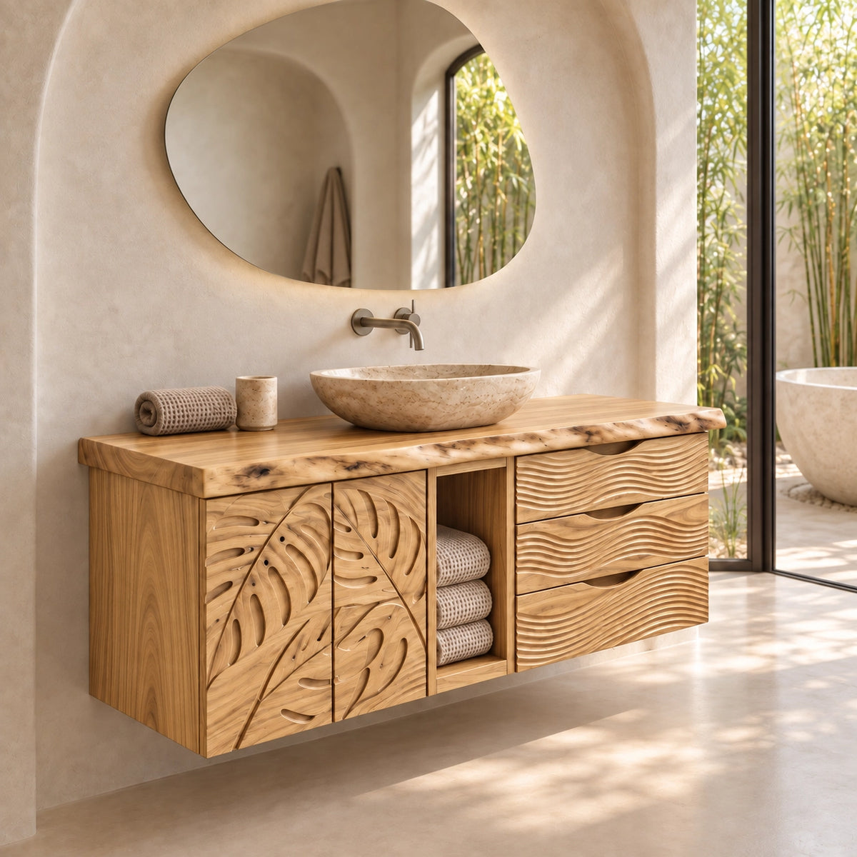 Traditional Bathroom Vanity with Carved Leaf Doors and Open Storage - Woodenecho - 8