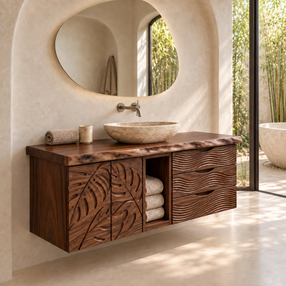 Traditional Bathroom Vanity with Carved Leaf Doors and Open Storage - Woodenecho - 9