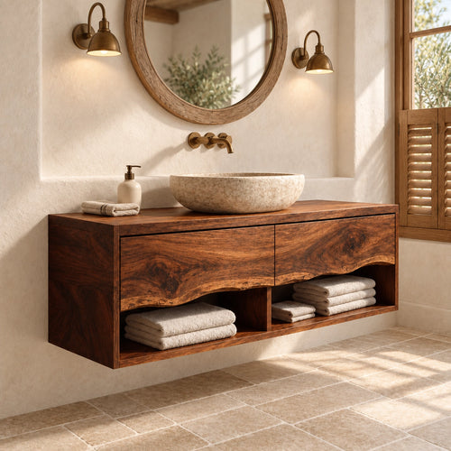 Traditional Bathroom Vanity with Curved Drawer Fronts in Natural Solid Wood - Woodenecho - 1