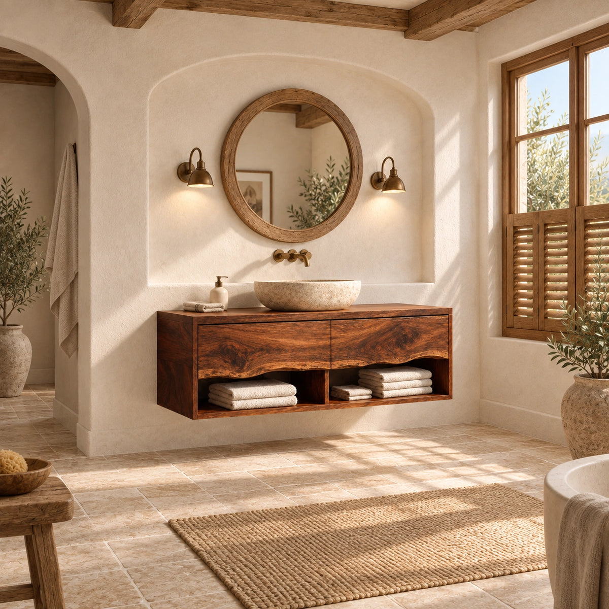 Traditional Bathroom Vanity with Curved Drawer Fronts in Natural Solid Wood - Woodenecho - 2