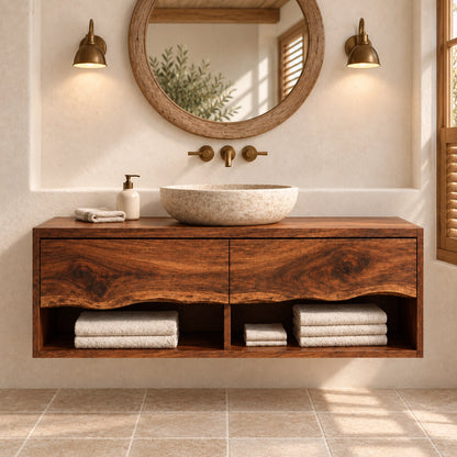 Traditional Bathroom Vanity with Curved Drawer Fronts in Natural Solid Wood - Woodenecho - 3