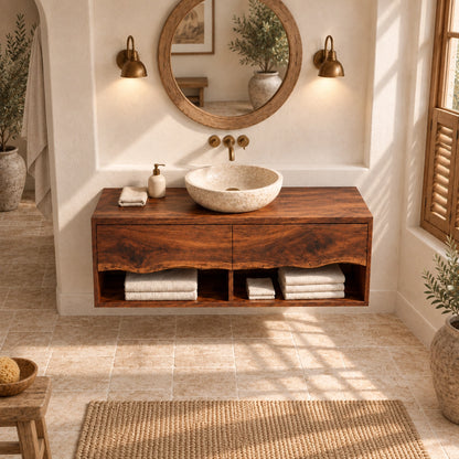 Traditional Bathroom Vanity with Curved Drawer Fronts in Natural Solid Wood - Woodenecho - 4
