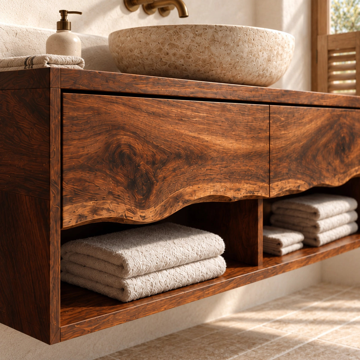 Traditional Bathroom Vanity with Curved Drawer Fronts in Natural Solid Wood - Woodenecho - 5