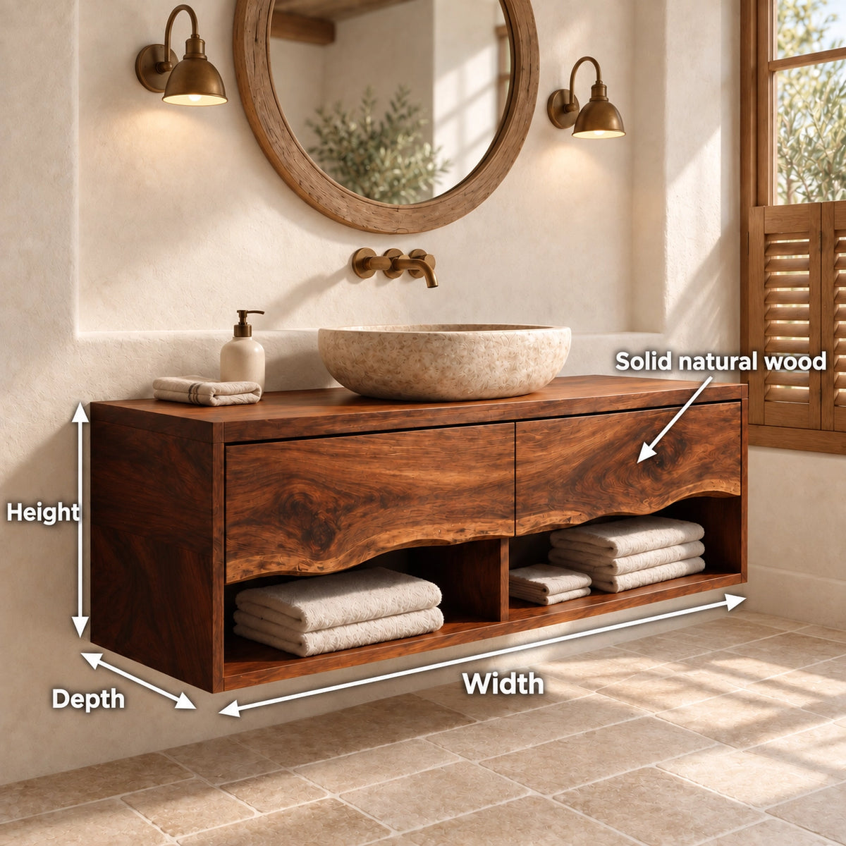 Traditional Bathroom Vanity with Curved Drawer Fronts in Natural Solid Wood - Woodenecho - 6