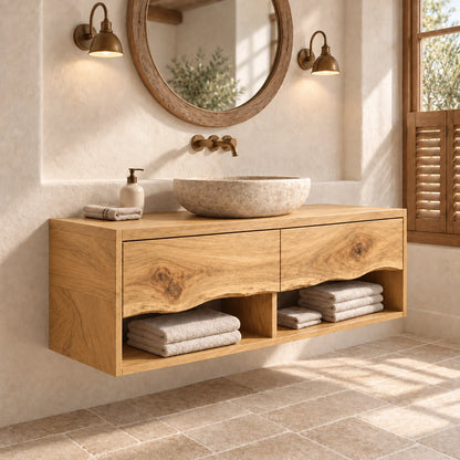 Traditional Bathroom Vanity with Curved Drawer Fronts in Natural Solid Wood - Woodenecho - 8