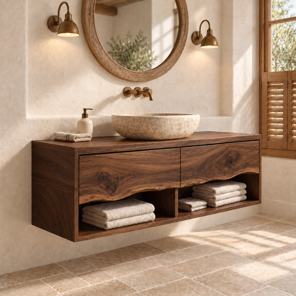 Traditional Bathroom Vanity with Curved Drawer Fronts in Natural Solid Wood - Woodenecho - 9