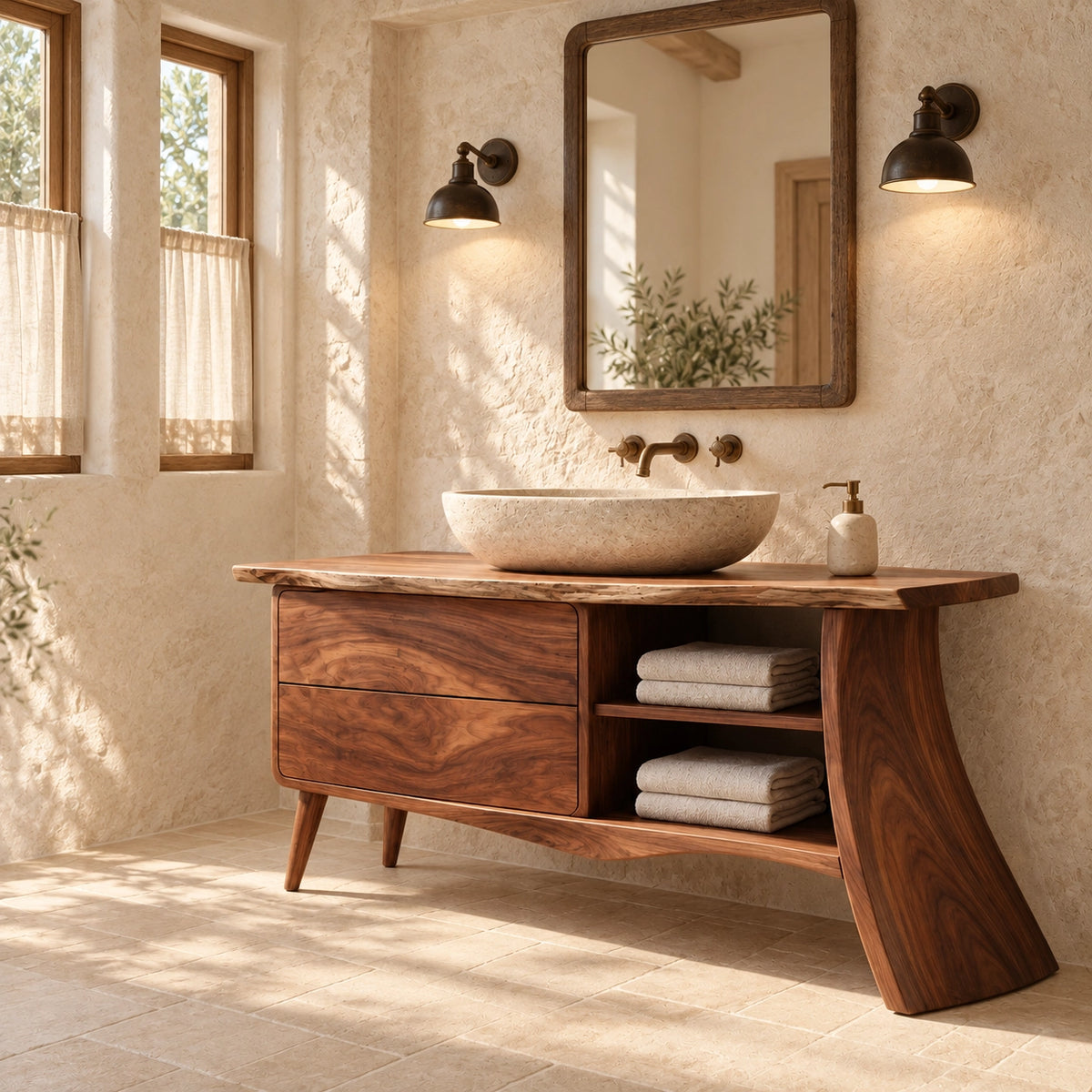 Traditional Bathroom Vanity with Curved Drawers and Open Storage Shelves - Woodenecho - 1