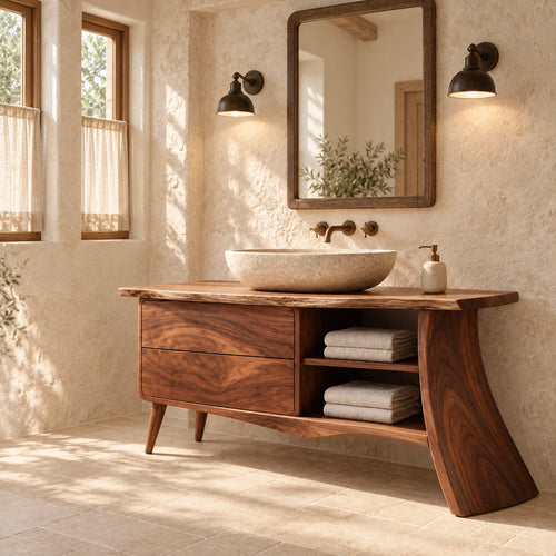 Traditional Bathroom Vanity with Curved Drawers and Open Storage Shelves - Woodenecho - 1