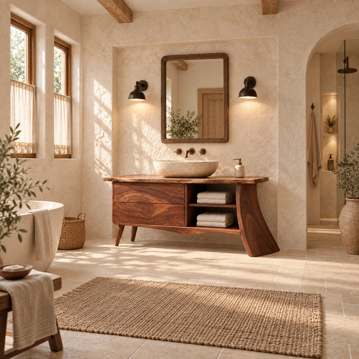 Traditional Bathroom Vanity with Curved Drawers and Open Storage Shelves - Woodenecho - 2