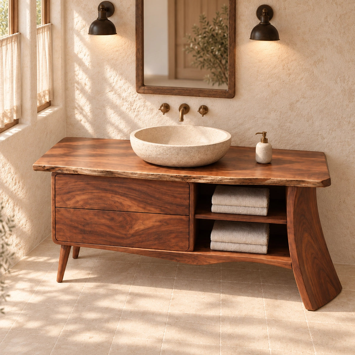 Traditional Bathroom Vanity with Curved Drawers and Open Storage Shelves - Woodenecho - 3
