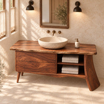 Traditional Bathroom Vanity with Curved Drawers and Open Storage Shelves - Woodenecho - 3