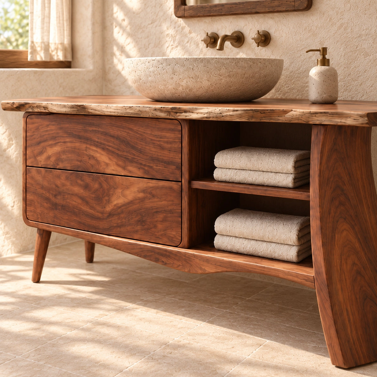 Traditional Bathroom Vanity with Curved Drawers and Open Storage Shelves - Woodenecho - 4