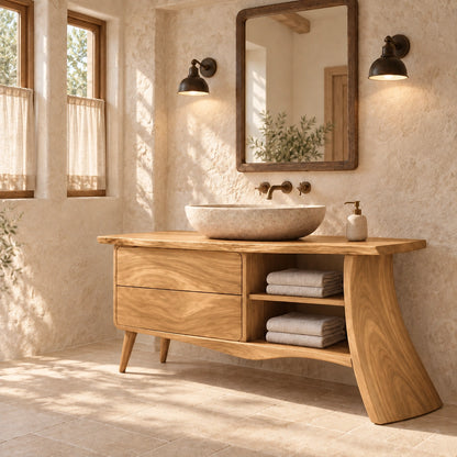 Traditional Bathroom Vanity with Curved Drawers and Open Storage Shelves - Woodenecho - 7