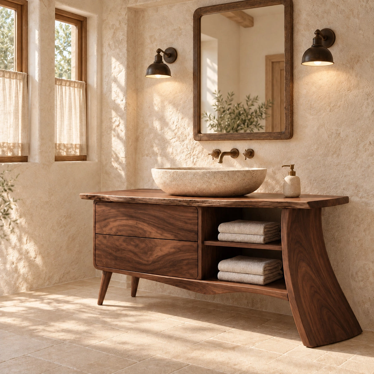 Traditional Bathroom Vanity with Curved Drawers and Open Storage Shelves - Woodenecho - 8
