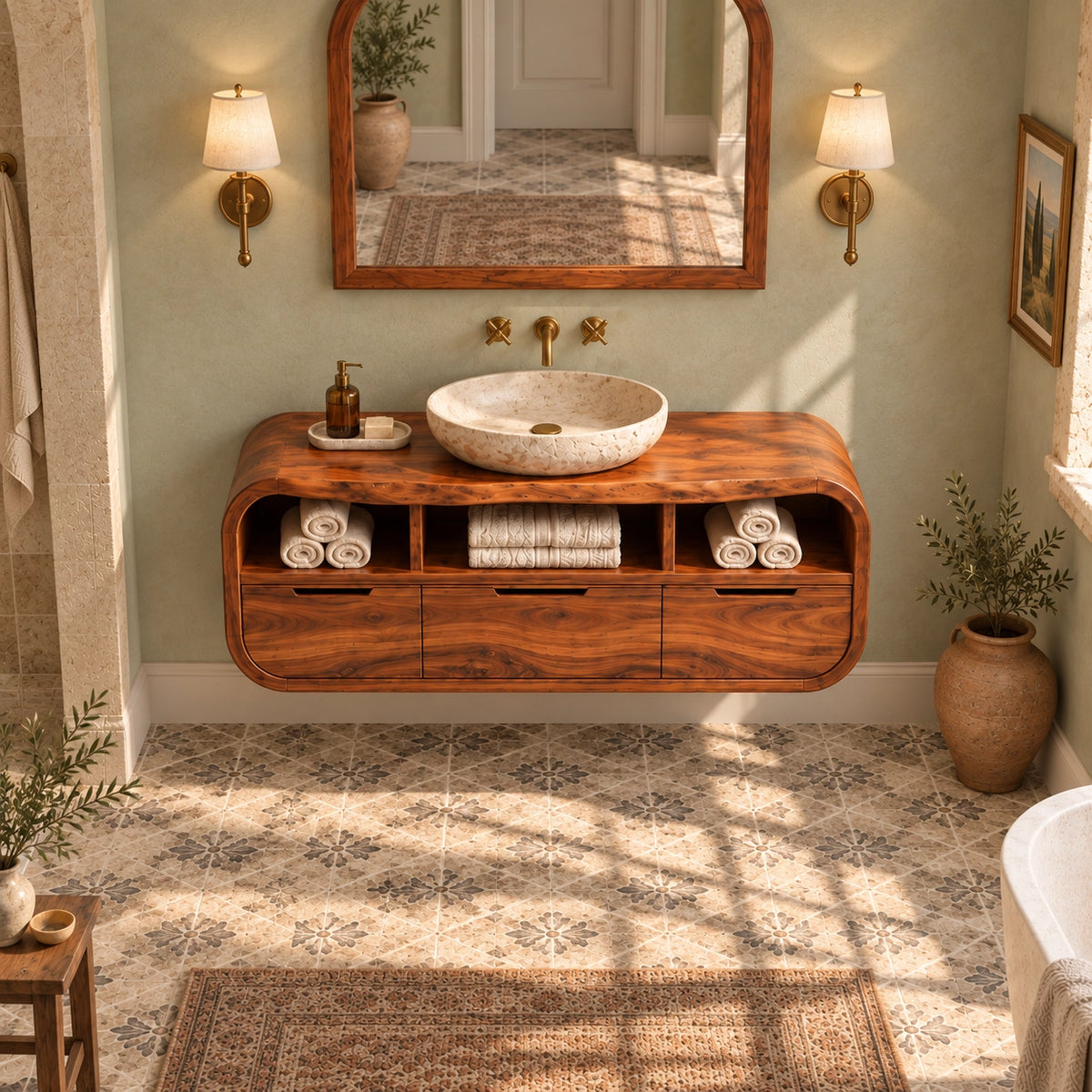 Traditional Bathroom Vanity with Curved Storage and Three Drawers - Woodenecho - 4