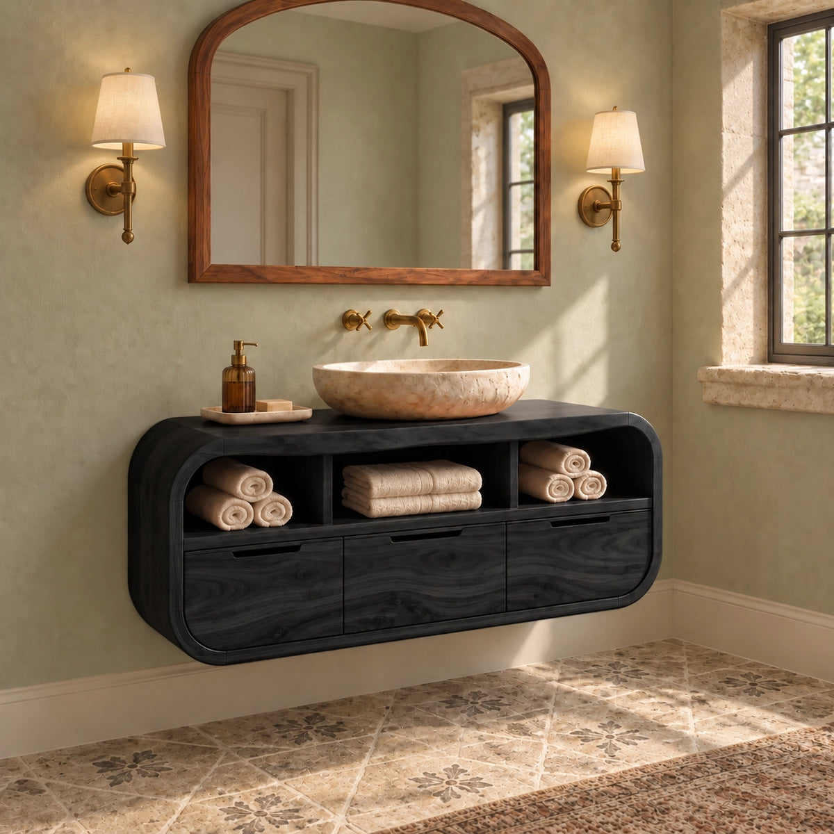 Traditional Bathroom Vanity with Curved Storage and Three Drawers - Woodenecho - 7