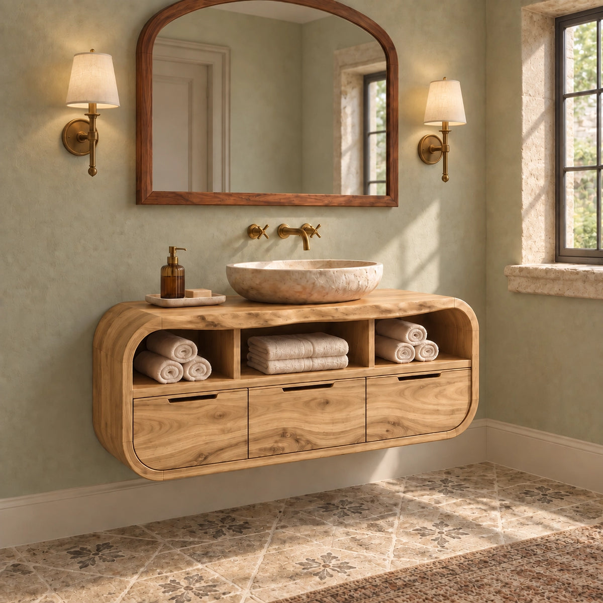 Traditional Bathroom Vanity with Curved Storage and Three Drawers - Woodenecho - 8