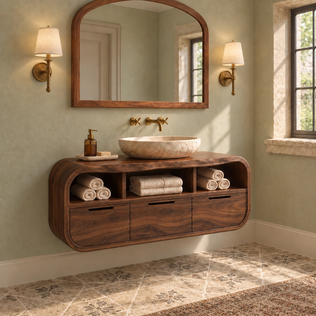 Traditional Bathroom Vanity with Curved Storage and Three Drawers - Woodenecho - 9