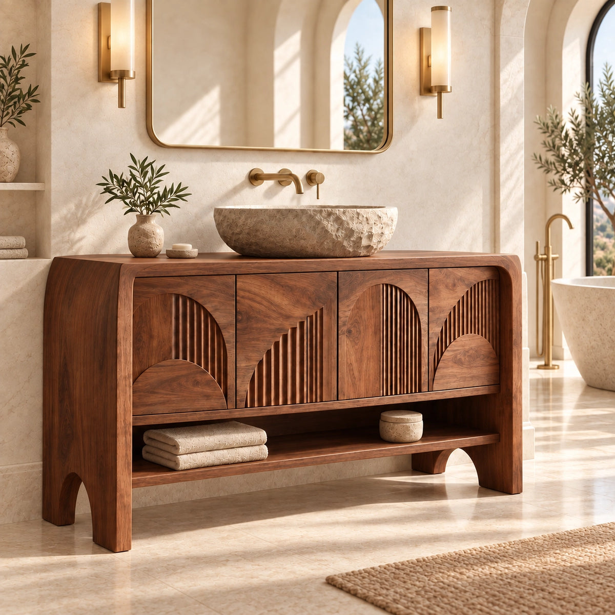 Traditional Bathroom Vanity with Fluted Arch Cabinet Doors in Natural Solid Wood - Woodenecho - 1
