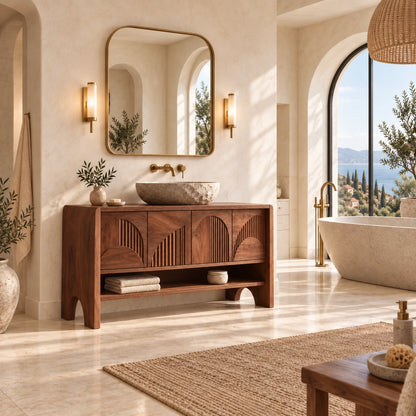 Traditional Bathroom Vanity with Fluted Arch Cabinet Doors in Natural Solid Wood - Woodenecho - 2