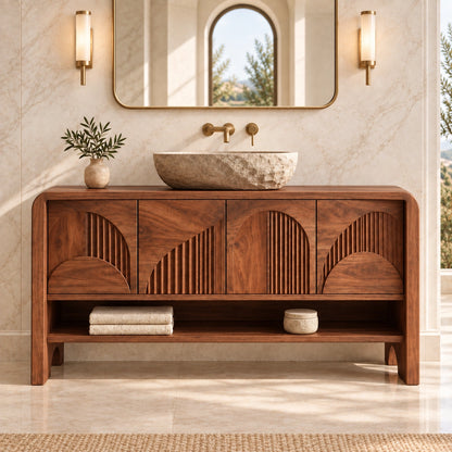 Traditional Bathroom Vanity with Fluted Arch Cabinet Doors in Natural Solid Wood - Woodenecho - 3