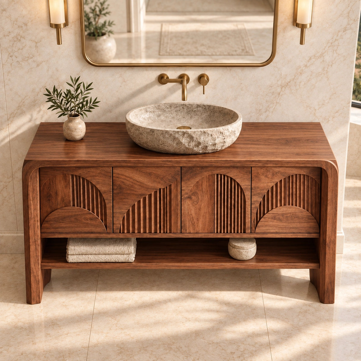 Traditional Bathroom Vanity with Fluted Arch Cabinet Doors in Natural Solid Wood - Woodenecho - 4
