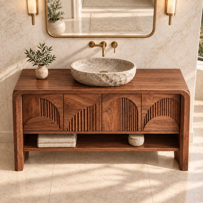 Traditional Bathroom Vanity with Fluted Arch Cabinet Doors in Natural Solid Wood - Woodenecho - 4