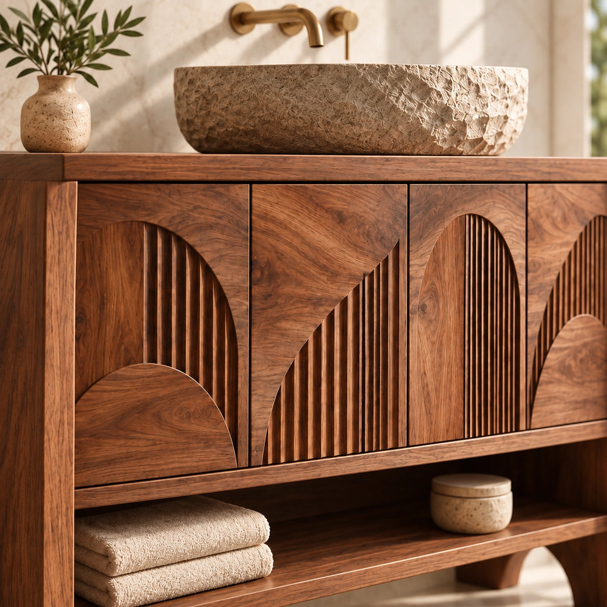 Traditional Bathroom Vanity with Fluted Arch Cabinet Doors in Natural Solid Wood - Woodenecho - 5